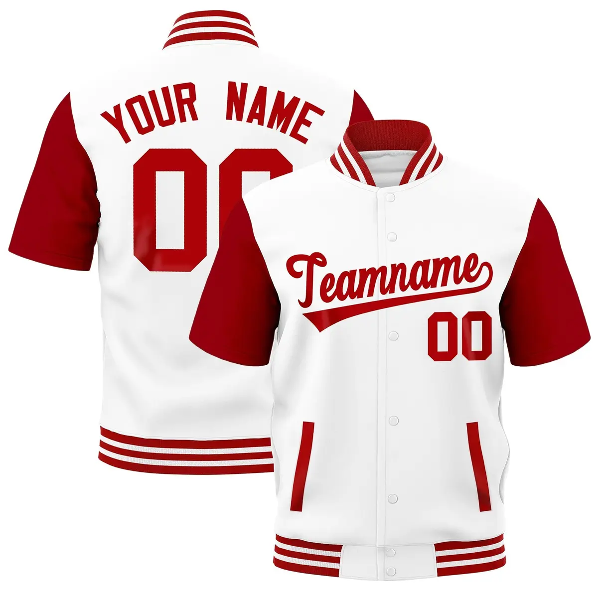 Red White Short Sleeve Full-Snap Varsity Jacket