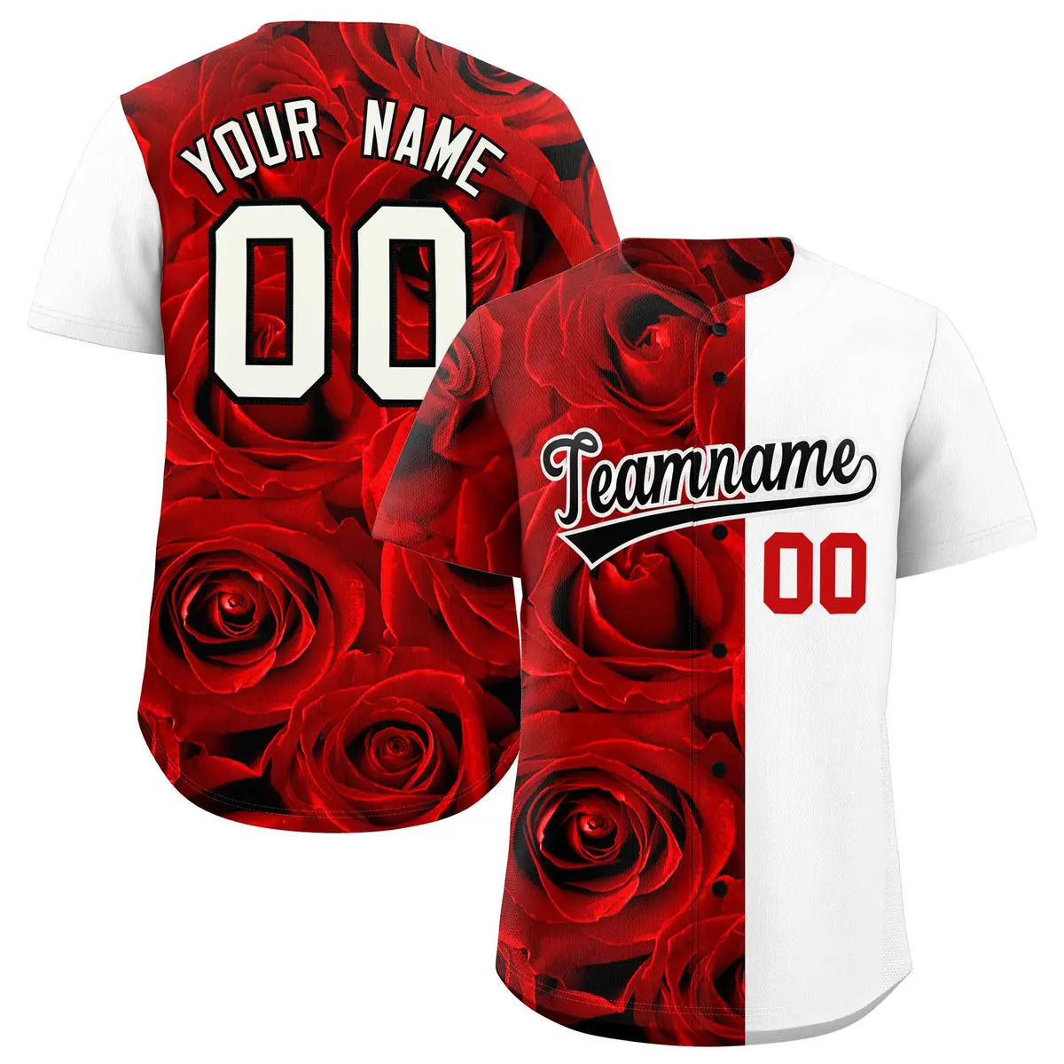 Red White Split Rose Print Baseball Jersey