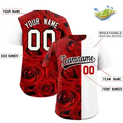 Red White Split Rose Print Baseball Jersey 2