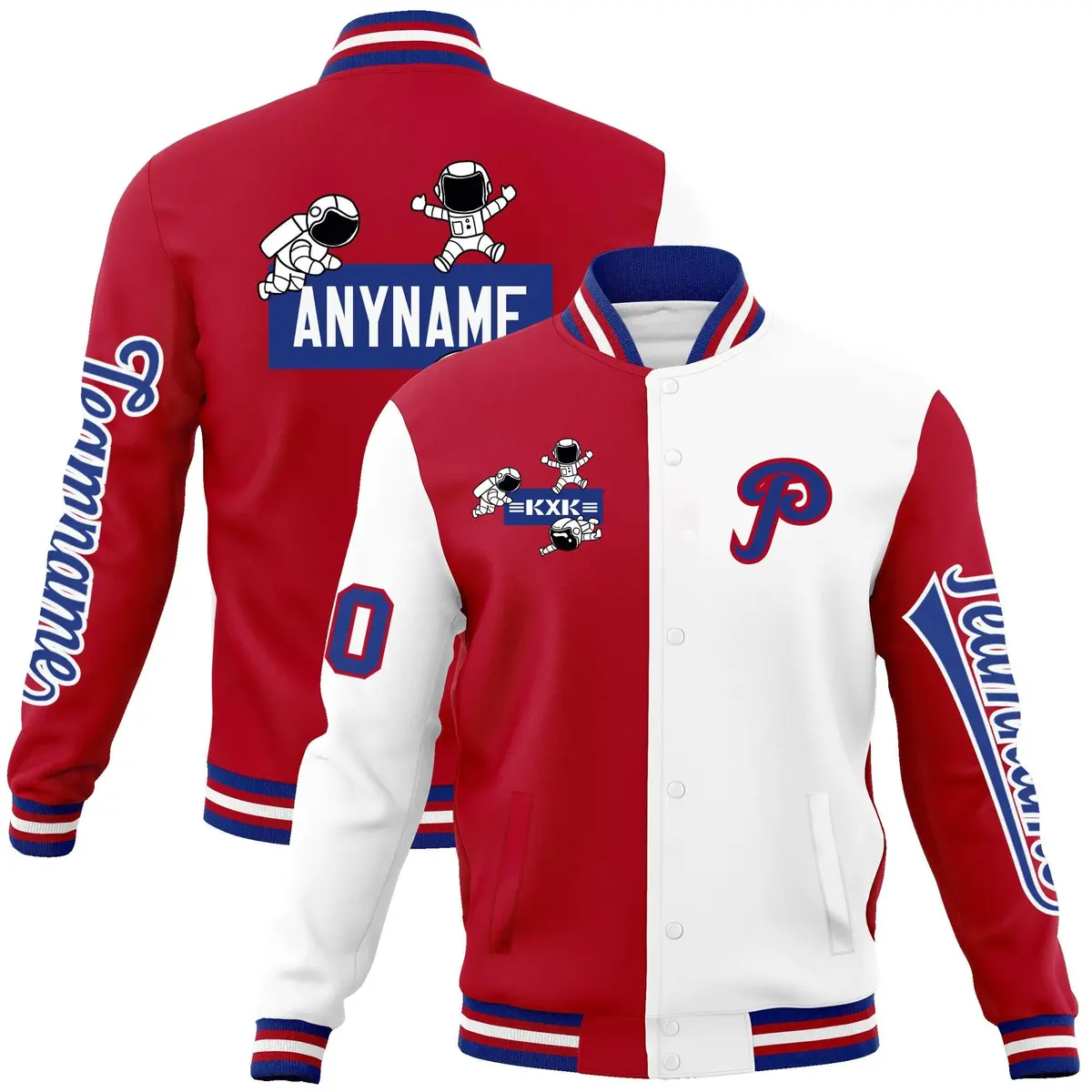 Red White Split Varsity Letterman Jacket with Raglan Sleeves
