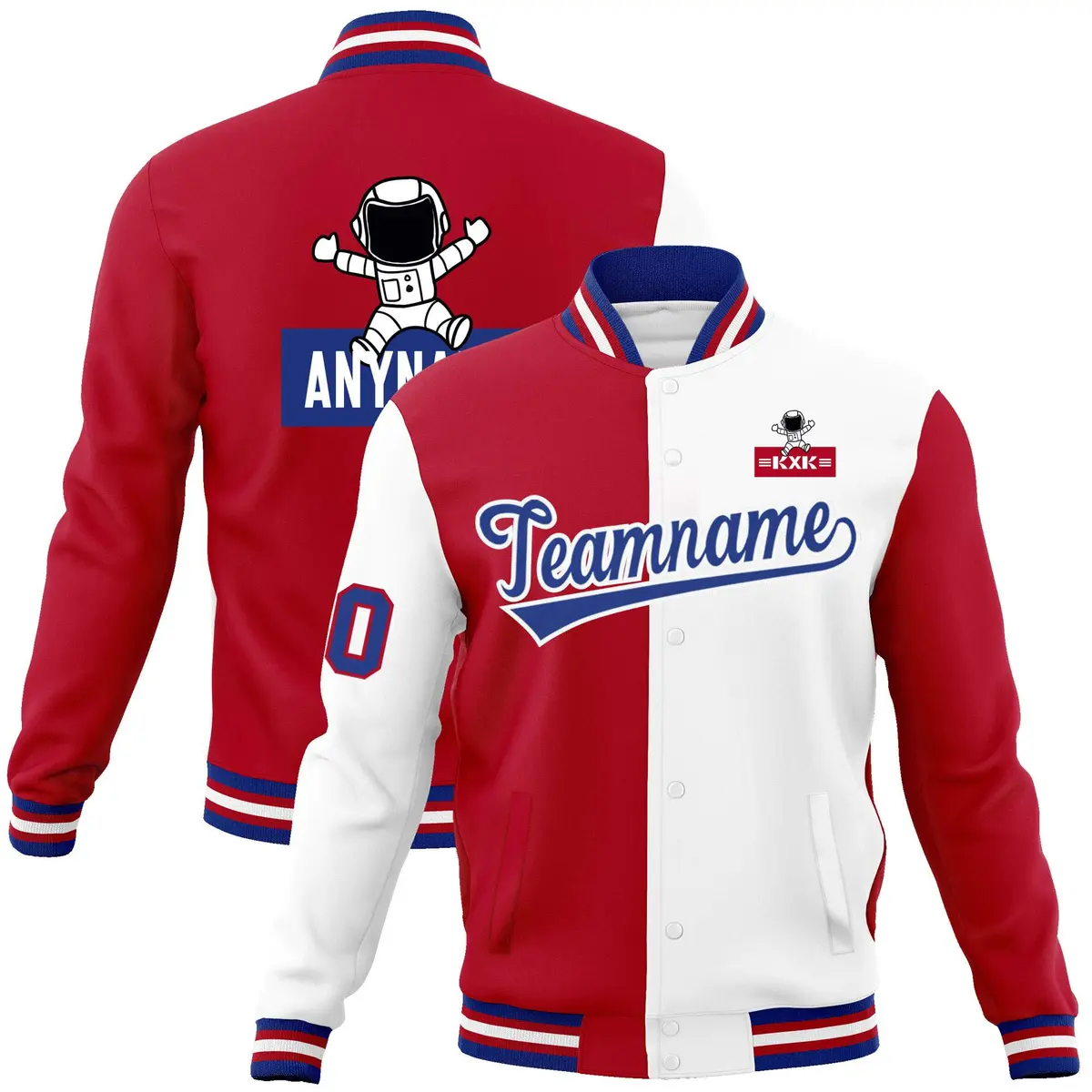 Red White Split Varsity Letterman Jacket with Raglan Sleeves