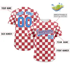 Red White Square Grid Color Block Baseball Jersey 2