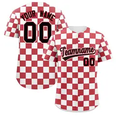 Red White Square Grid Color Block Baseball Jersey