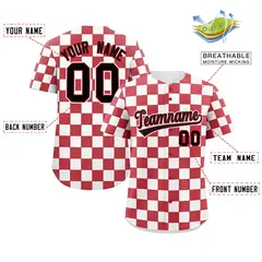 Red White Square Grid Color Block Baseball Jersey 2
