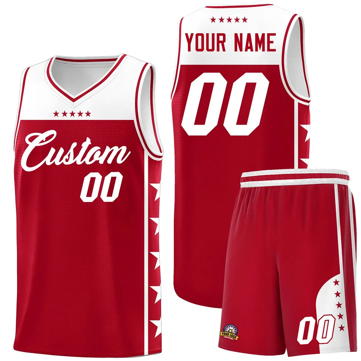 Red White Star Pattern Team Basketball Jersey