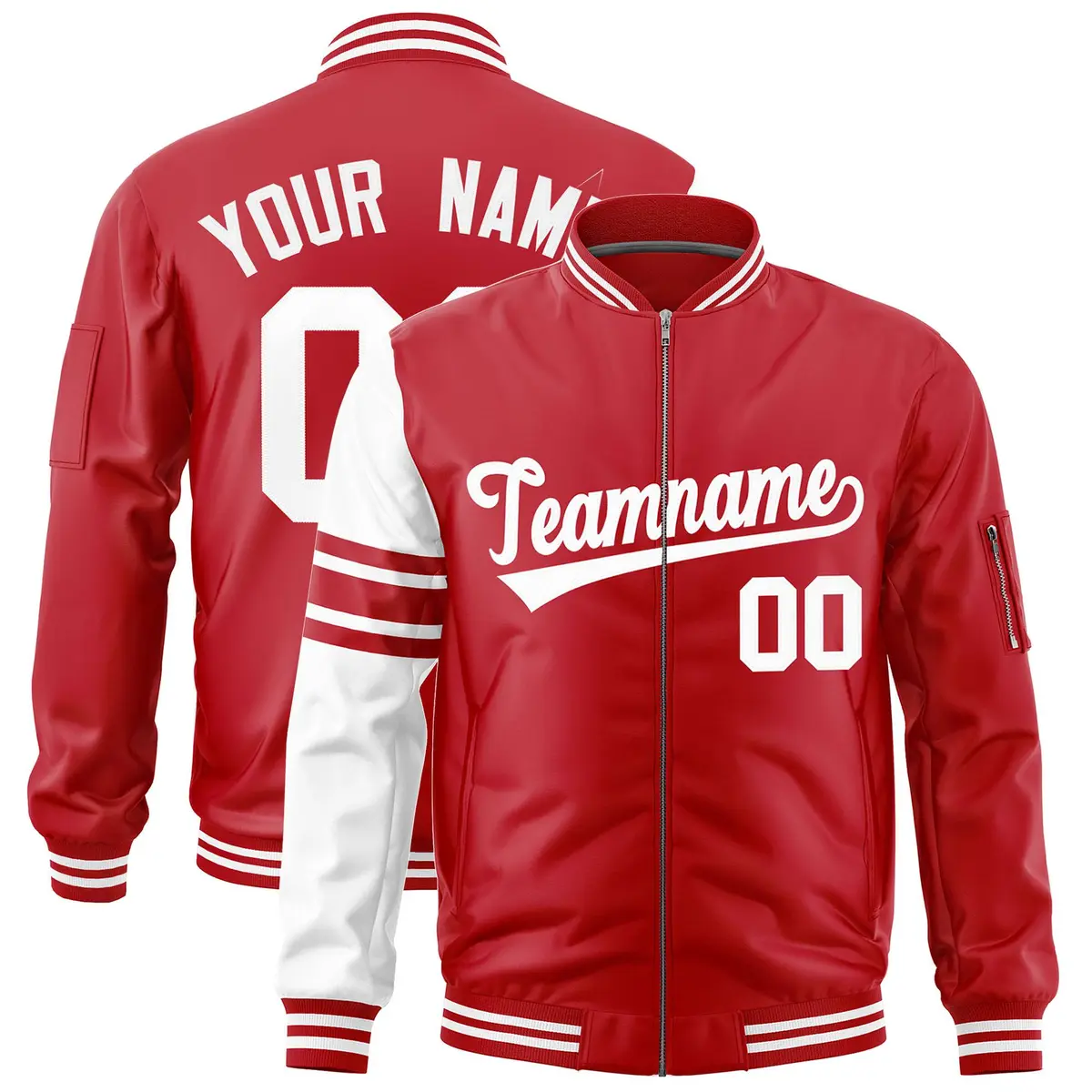 Red White Stripe Raglan Varsity Full-Zip Letterman Bomber Jacket