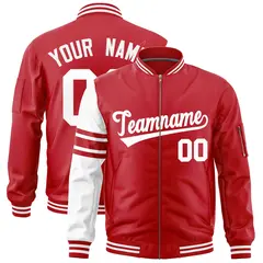 Red White Stripe Raglan Varsity Full-Zip Letterman Bomber Jacket