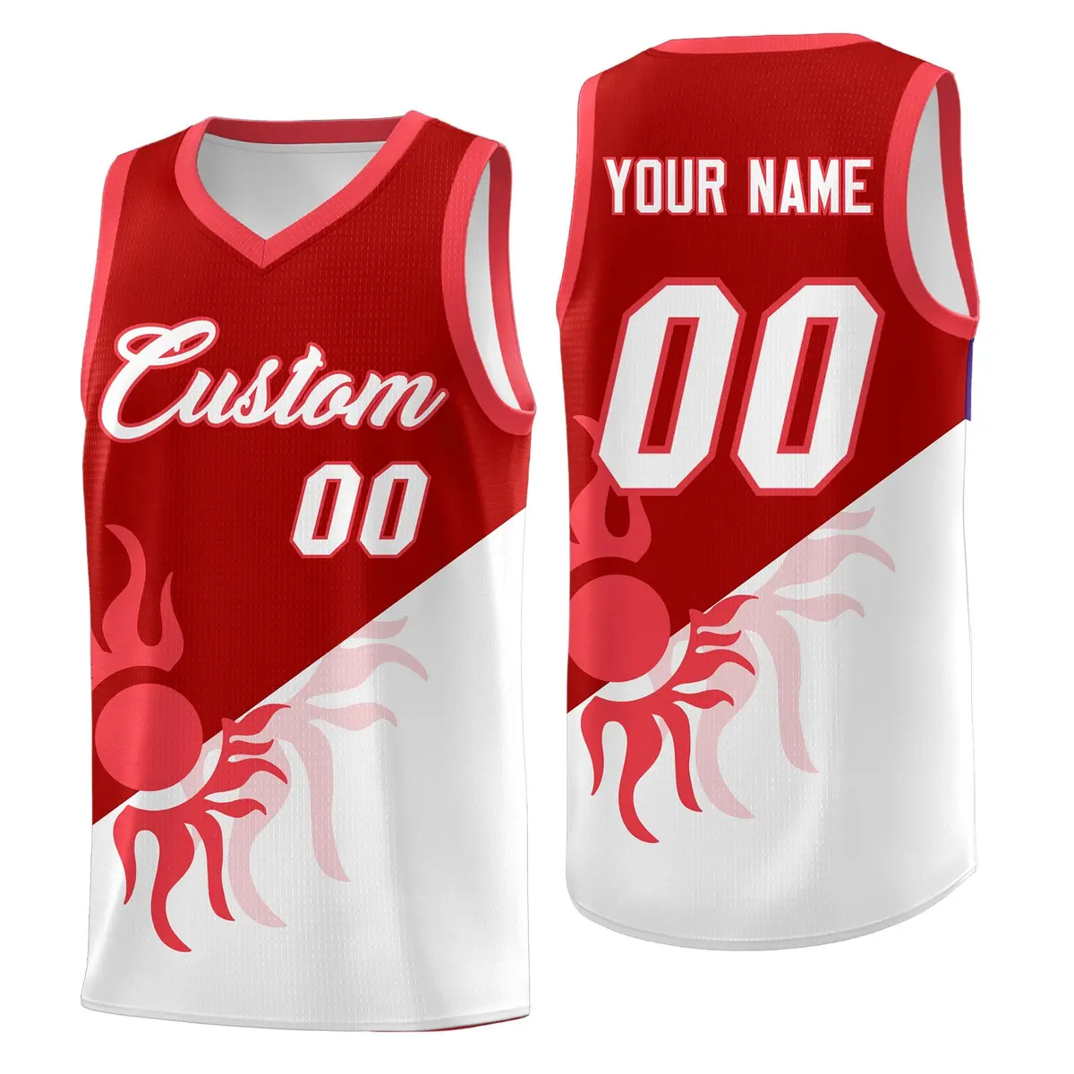Red White Sunburst Two Tone Basketball Jersey
