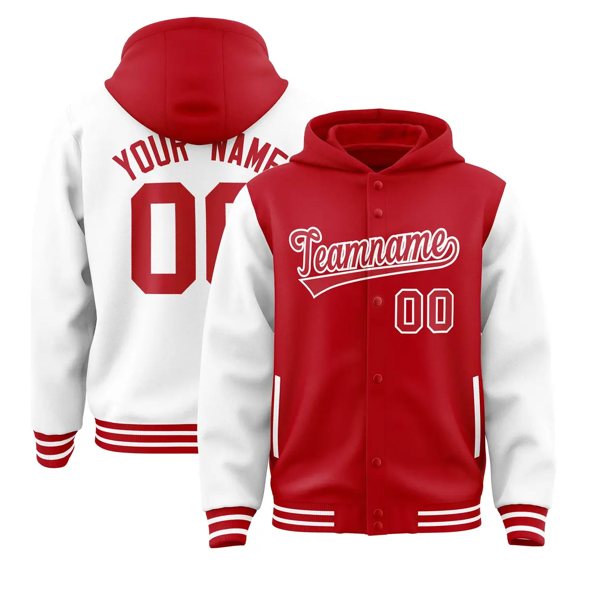 Red White Two Tone Raglan Sleeves Varsity Full-Snap Letterman Jacket Hoodie