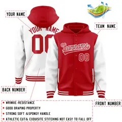 Red White Two Tone Raglan Sleeves Varsity Full-Snap Letterman Jacket Hoodie 4