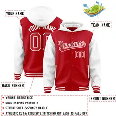 Red White Two Tone Raglan Sleeves Varsity Full-Snap Letterman Jacket Hoodie 4
