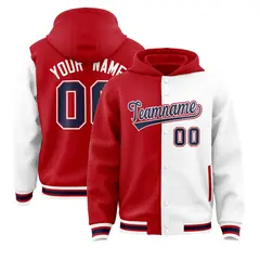 Red White Two Tone Split Full-Snap Varsity Letterman Hoodie Jacket 1