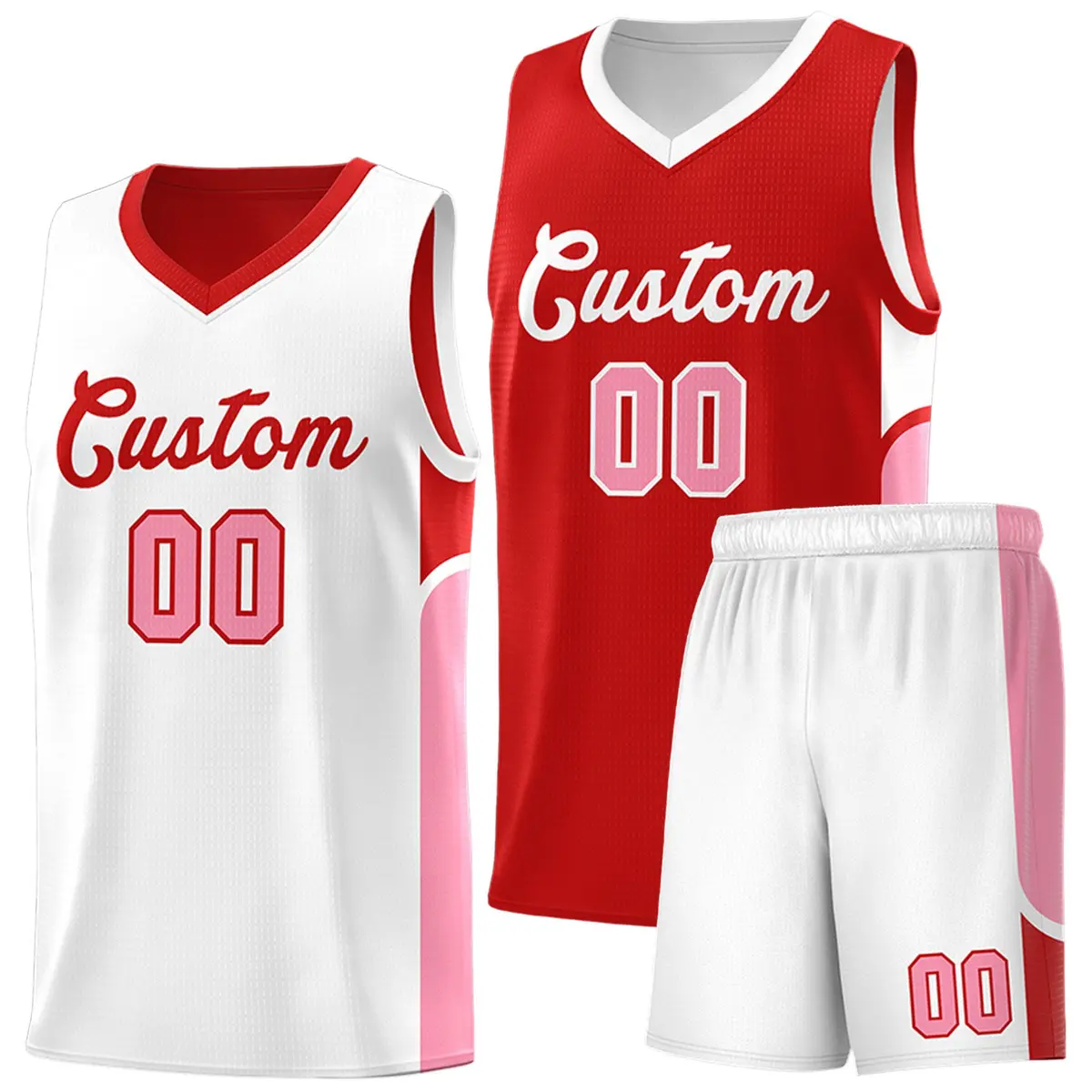 Red White U-shaped Side Pattern Double Side Basketball Jersey