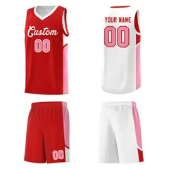 Red White U-shaped Side Pattern Double Side Basketball Jersey 5