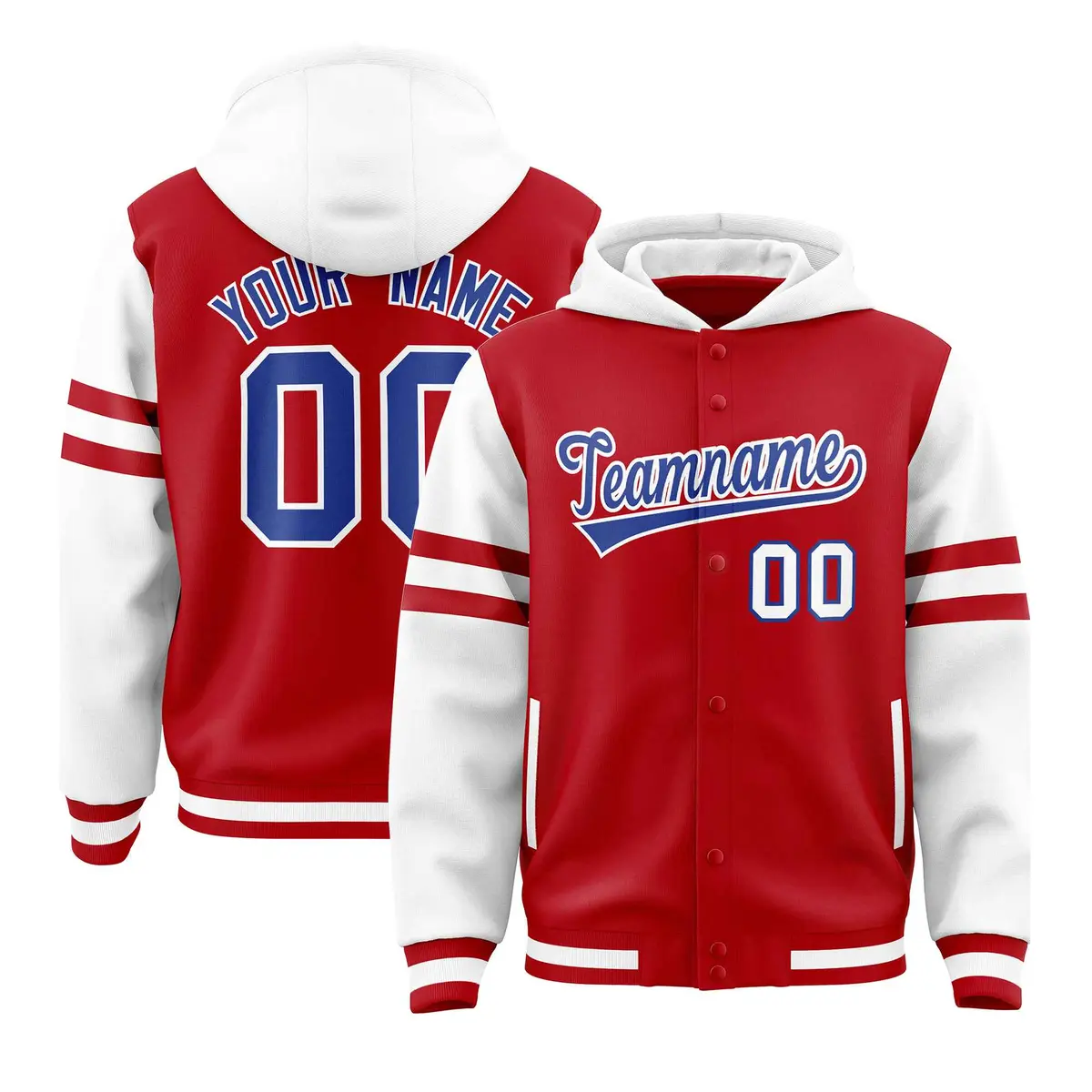 Red White Varsity Letterman Hoodie Jacket Raglan Three Stripes