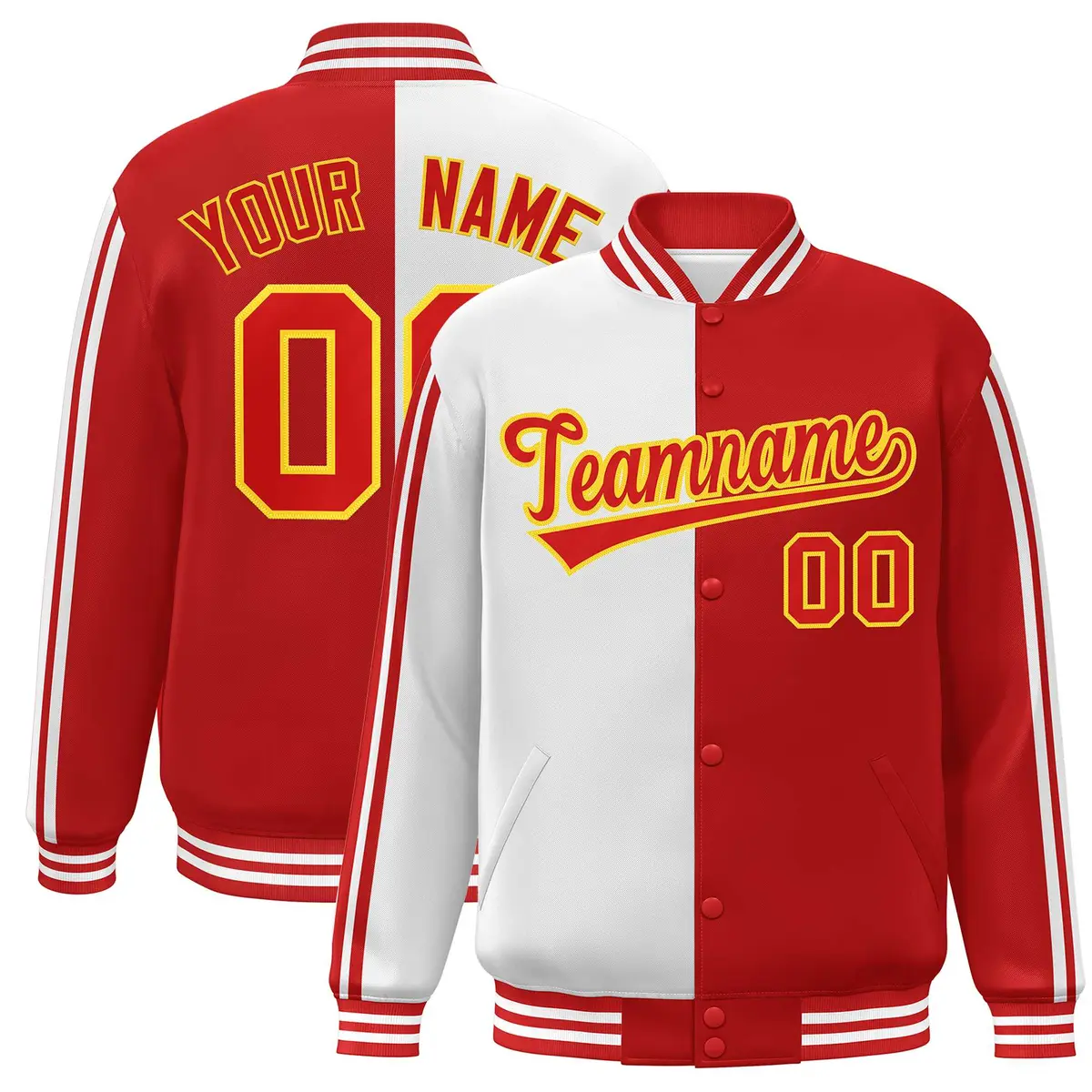 Red White-Yellow Color Block Varsity Baseball Bomber Jacket