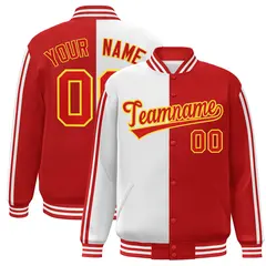 Red White-Yellow Color Block Varsity Baseball Bomber Jacket