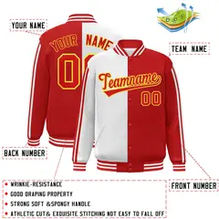 Red White-Yellow Color Block Varsity Baseball Bomber Jacket 2
