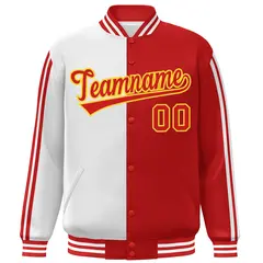 Red White-Yellow Color Block Varsity Baseball Bomber Jacket 3