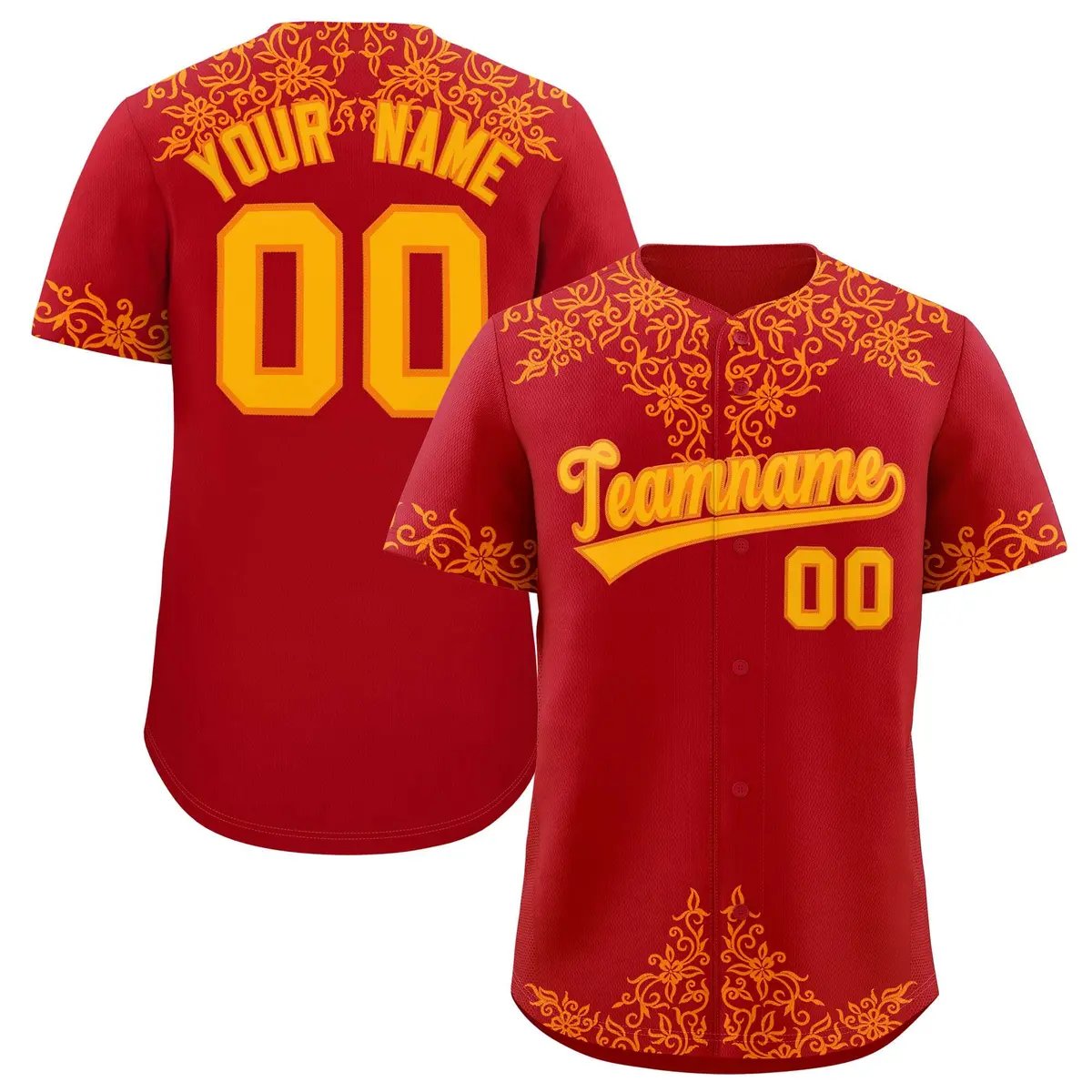 Red Yellow Baroque Style Baseball Jersey