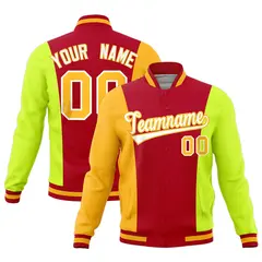 Red Yellow Fluorescent Green Three-Color Block Varsity Letterman Jacket