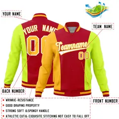 Red Yellow Fluorescent Green Three-Color Block Varsity Letterman Jacket 2