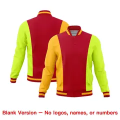 Red Yellow Fluorescent Green Three-Color Block Varsity Letterman Jacket 7
