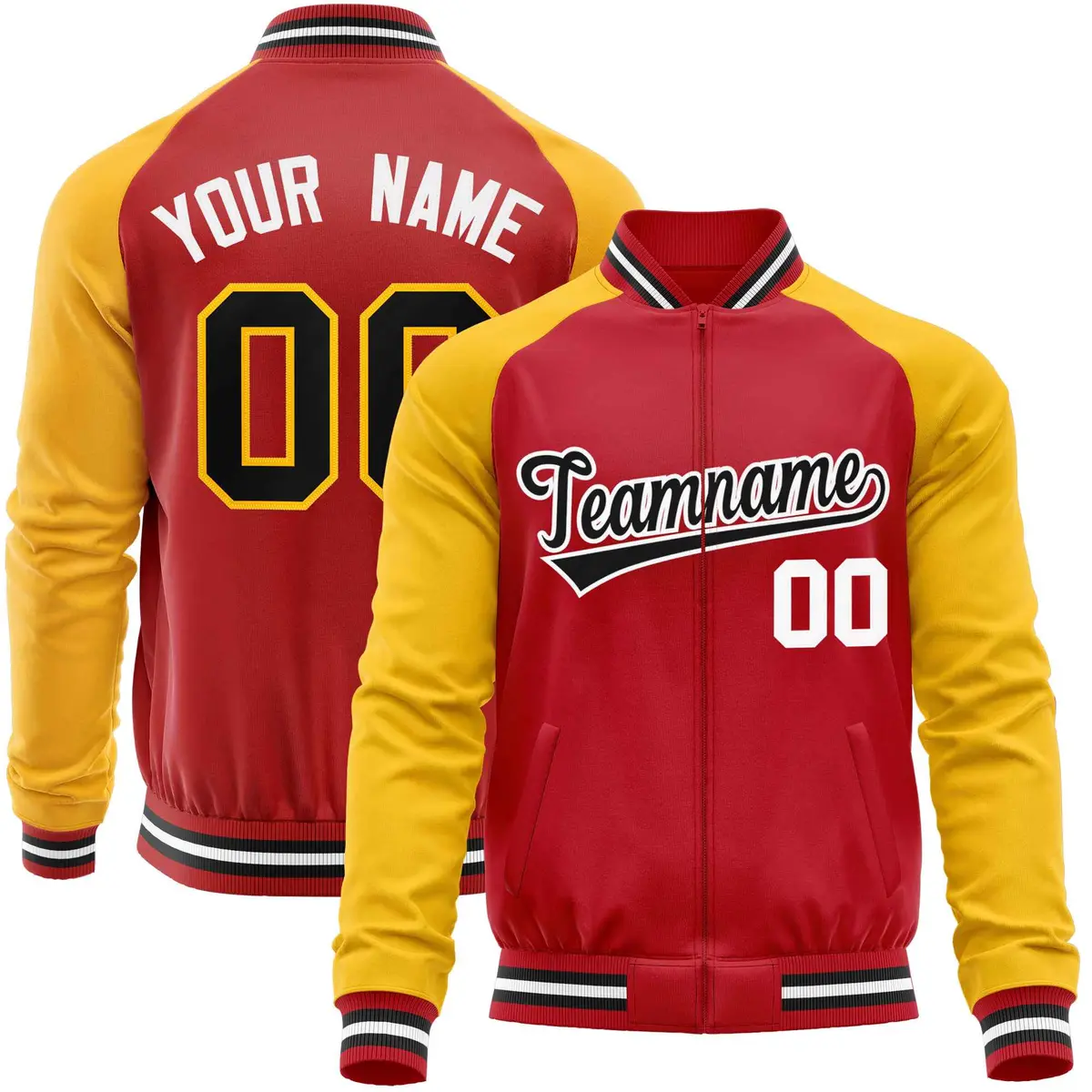 Red Yellow Full-Zip Raglan Sleeves Varsity Letterman Baseball Jacket