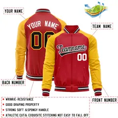 Red Yellow Full-Zip Raglan Sleeves Varsity Letterman Baseball Jacket 4