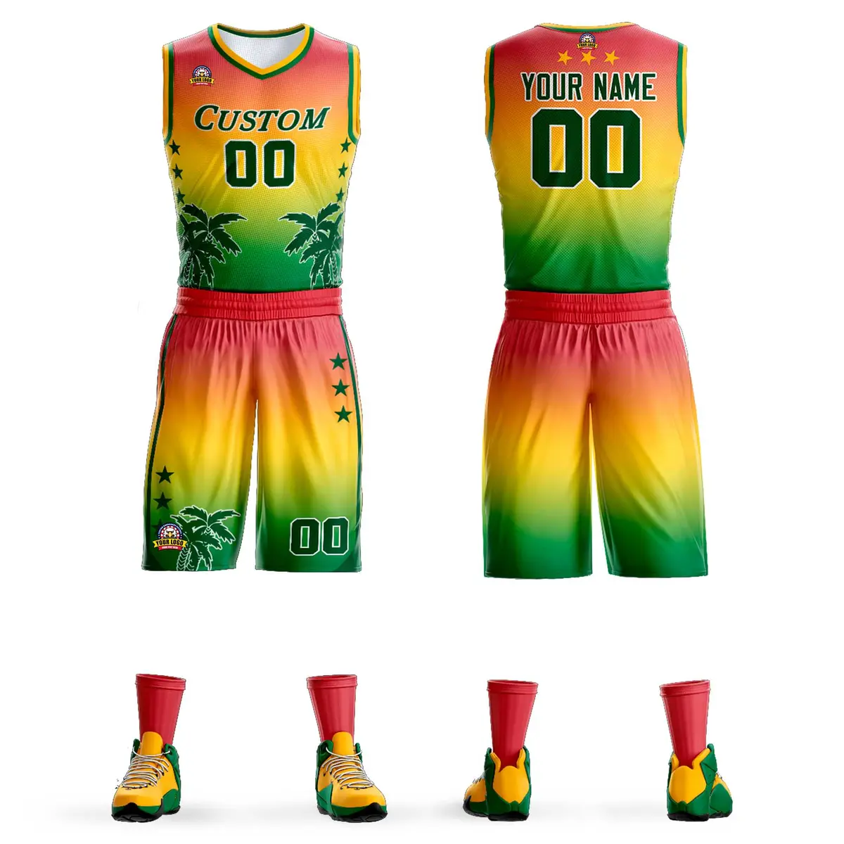 Red Yellow-Green Gradient Coconut Palm Pattern Basketball Jersey