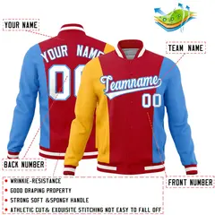 Red Yellow Powder Blue Three Color Block Varsity Letterman Jacket 2