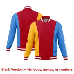 Red Yellow Powder Blue Three Color Block Varsity Letterman Jacket 7
