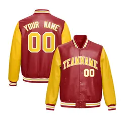 Red Yellow Raglan Varsity Full-Snap Faux Leather Letterman Jacket