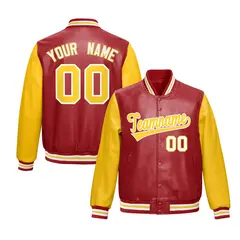 Red Yellow Raglan Varsity Full-Snap Faux Leather Letterman Jacket 1