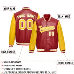 Red Yellow Raglan Varsity Full-Snap Faux Leather Letterman Jacket 2