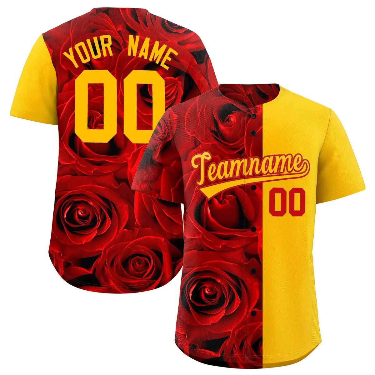 Red Yellow Rose Print Split Baseball Jersey