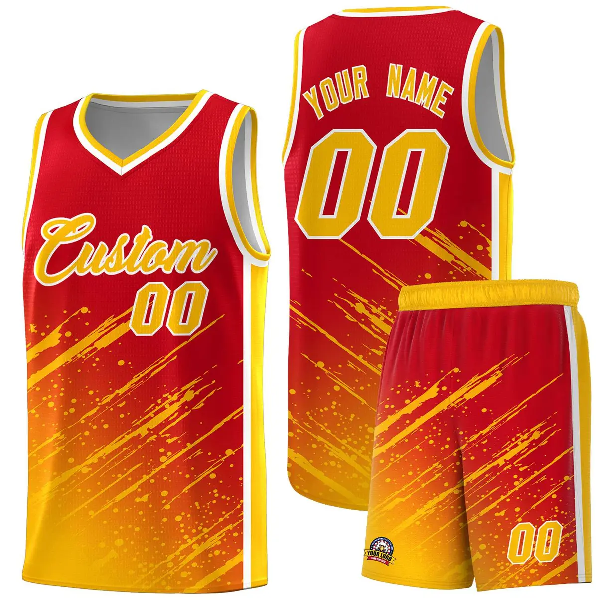 Red Yellow Splash Basketball Kits with Tackle Twill