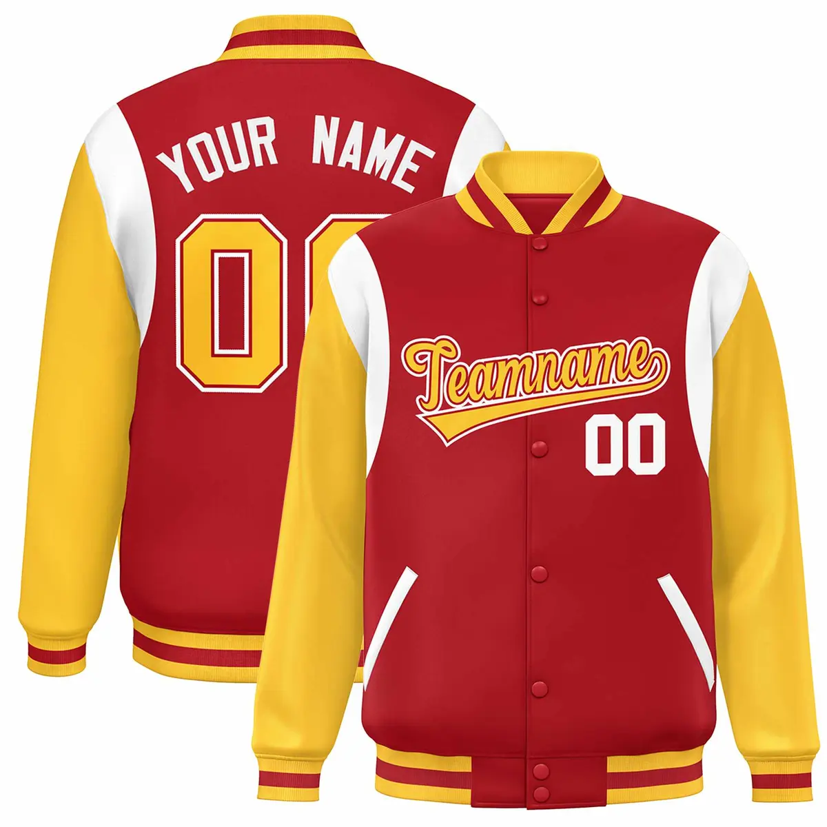 Red Yellow-White Color Block Varsity Baseball Jacket