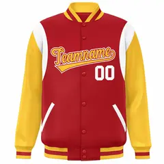 Red Yellow-White Color Block Varsity Baseball Jacket 3