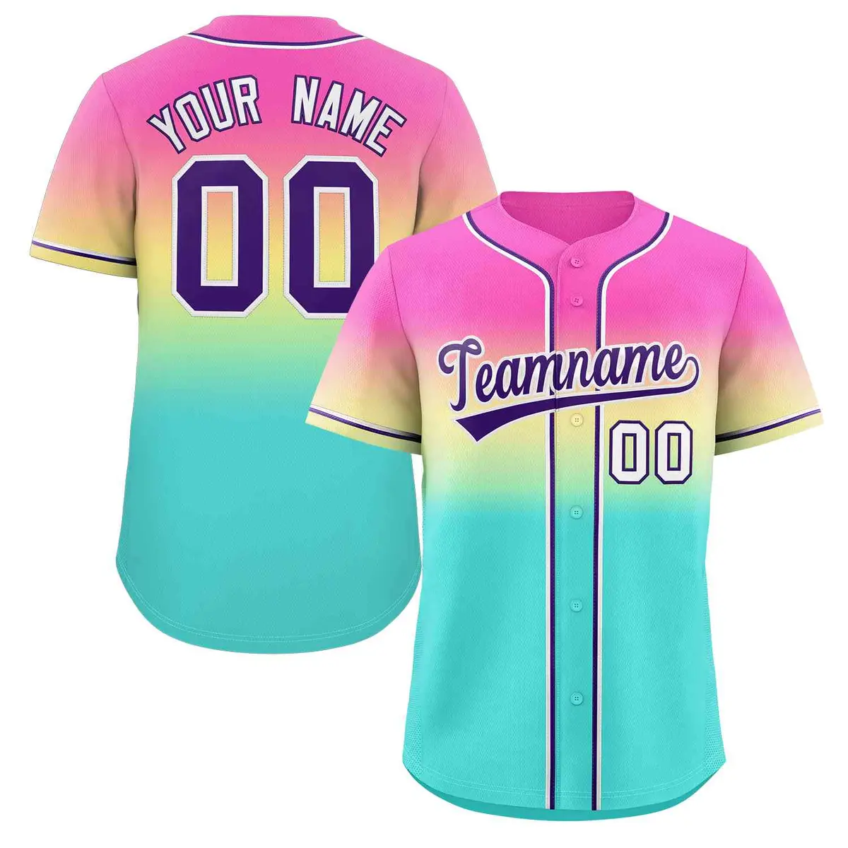 Rose Pink Aqua Purple-White Gradient Baseball Jersey