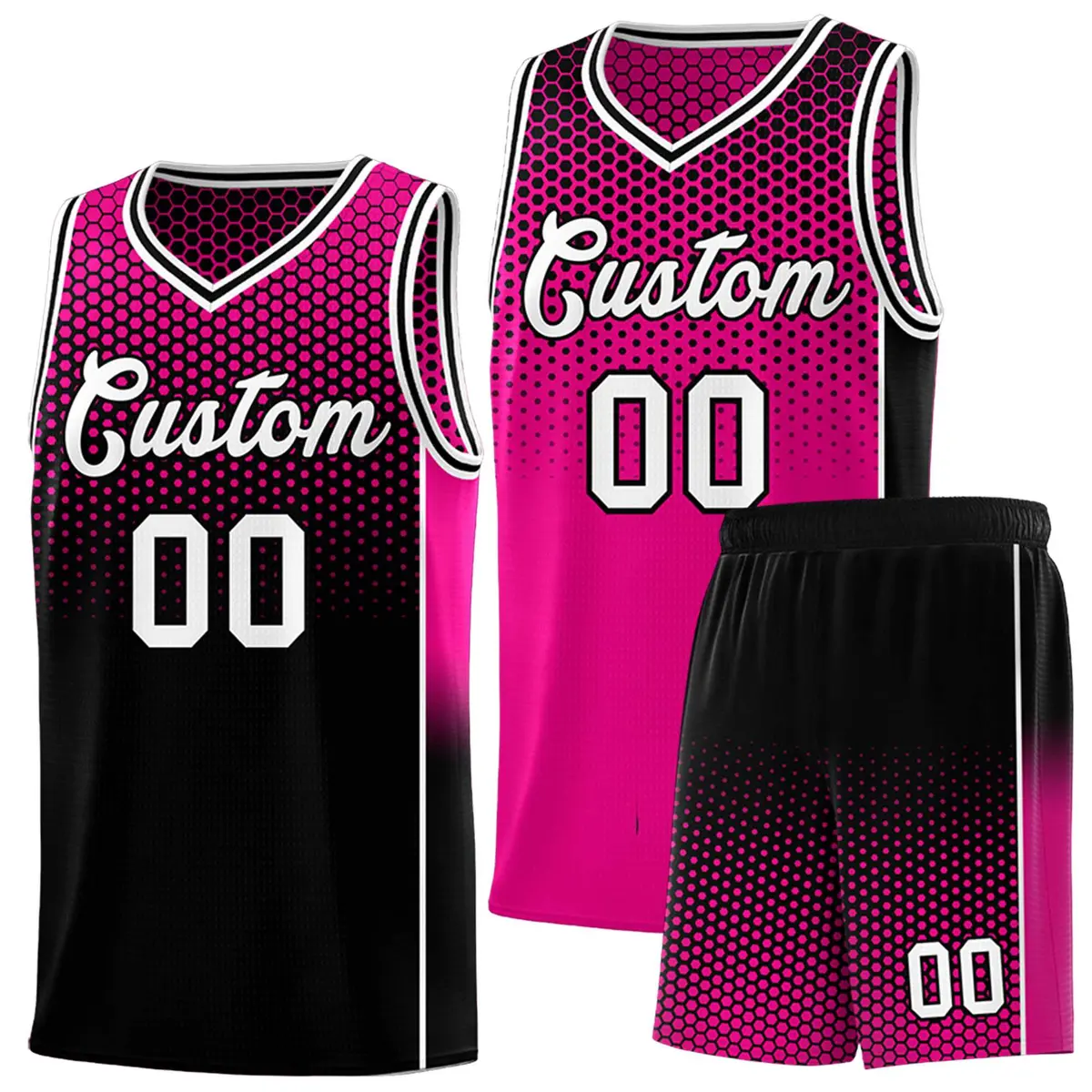 Rose Red Black Dot Pattern Side Gradient Reversible Basketball Jersey Kits