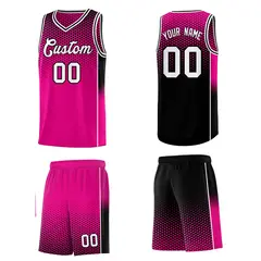 Rose Red Black Dot Pattern Side Gradient Reversible Basketball Jersey Kits 5