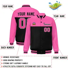 Rose Red Black-White Color Block Full-Snap Varsity Letterman Jacket 2