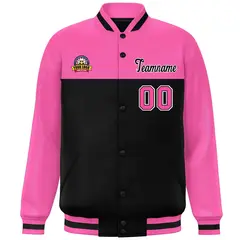 Rose Red Black-White Color Block Full-Snap Varsity Letterman Jacket 3
