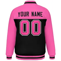 Rose Red Black-White Color Block Full-Snap Varsity Letterman Jacket 4