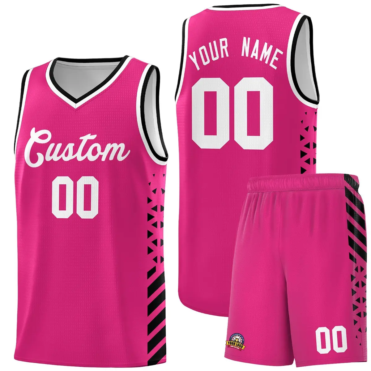 Rose Red Black White Diamond Stripe Side Basketball Jersey