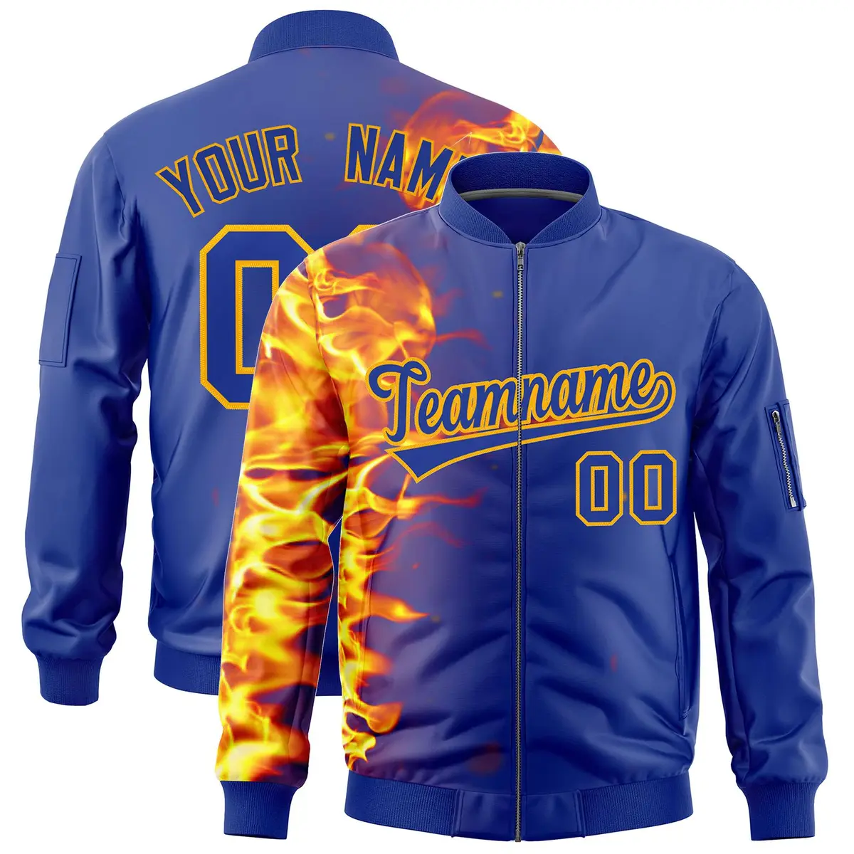 Royal 3D Flame Full-Zip Varsity Letterman Bomber Jacket