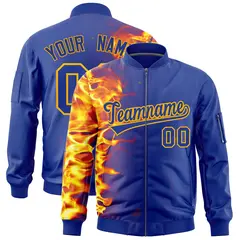Royal 3D Flame Full-Zip Varsity Letterman Bomber Jacket