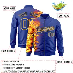 Royal 3D Flame Full-Zip Varsity Letterman Bomber Jacket 2