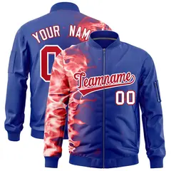 Royal 3D Flame Full-Zip Varsity Letterman Bomber Jacket 1